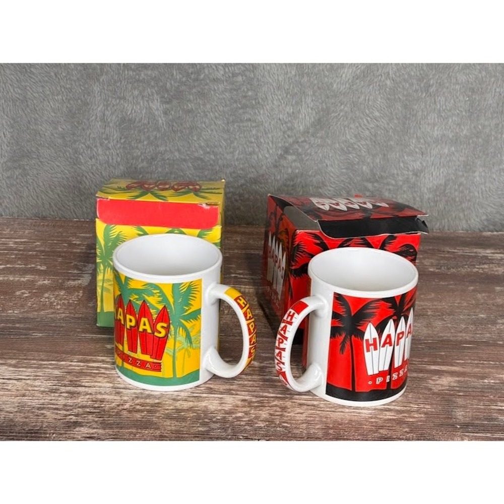 Hapas Pizza Surfboard Palm Tree Coffee Mug‎ Set 2 New in Box